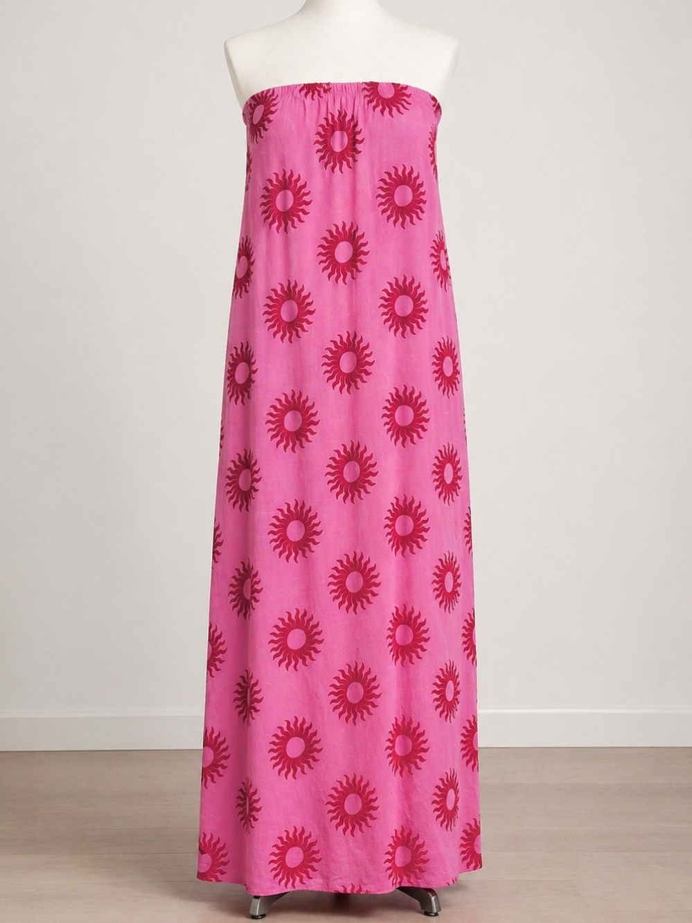 Paper Heart Anthropologie | Pink Red Sun Print Linen Blend Maxi Dress L Boho